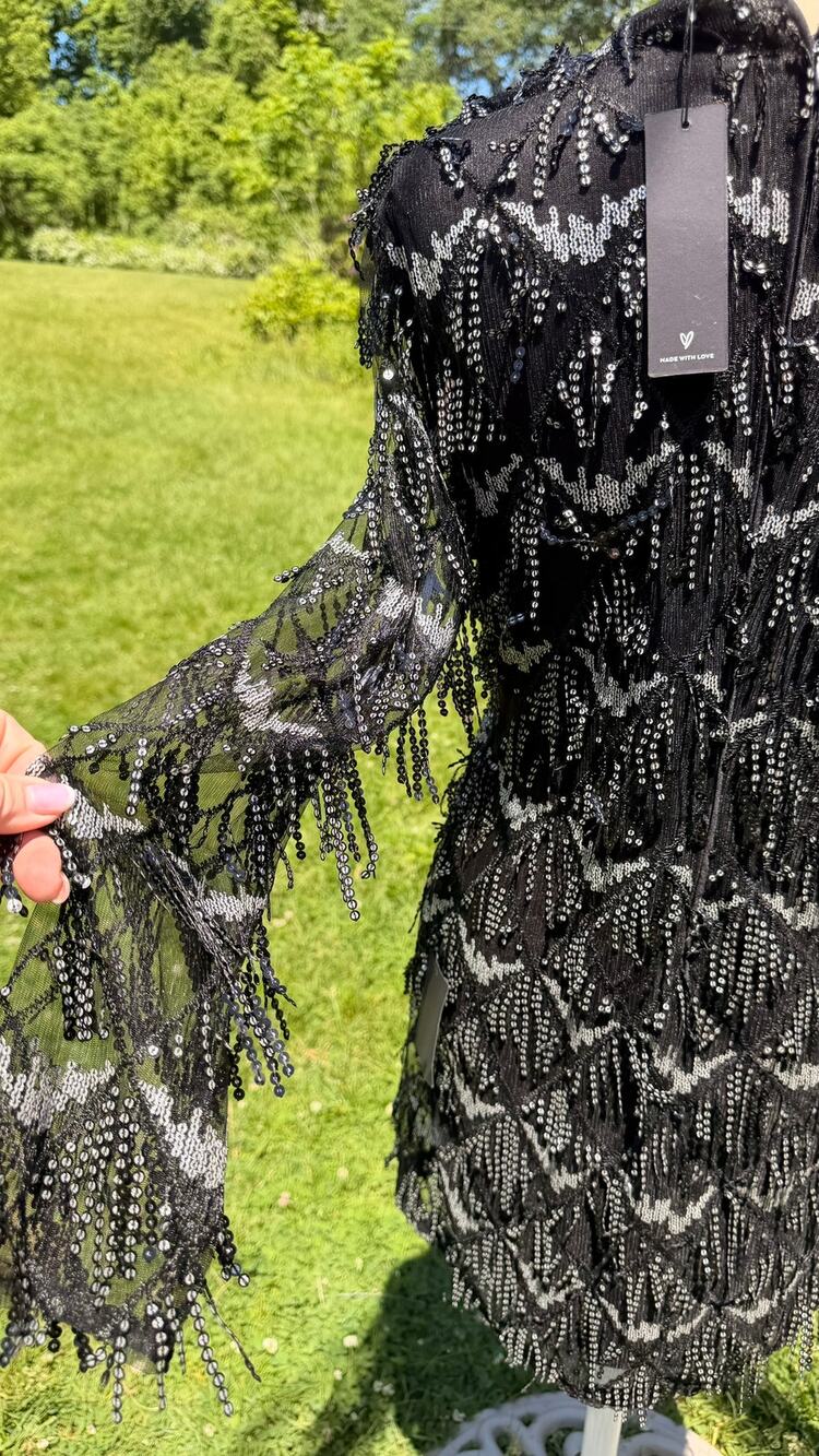Black & Silver Sequin Fringe Mini Dress NWT Long Sleeve V-Neck Glam Cocktail